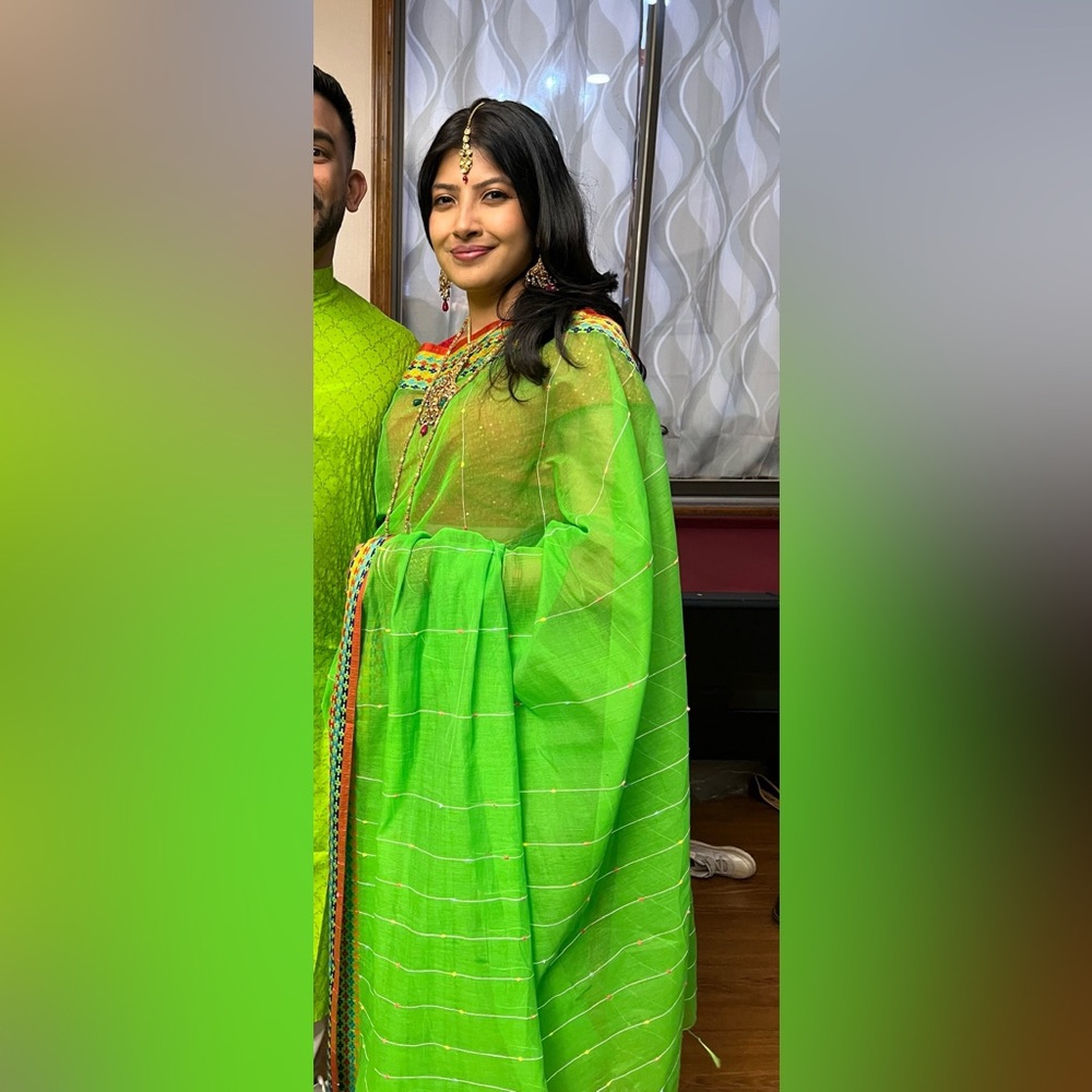 Bright neon green saree for haldi/gaye holud